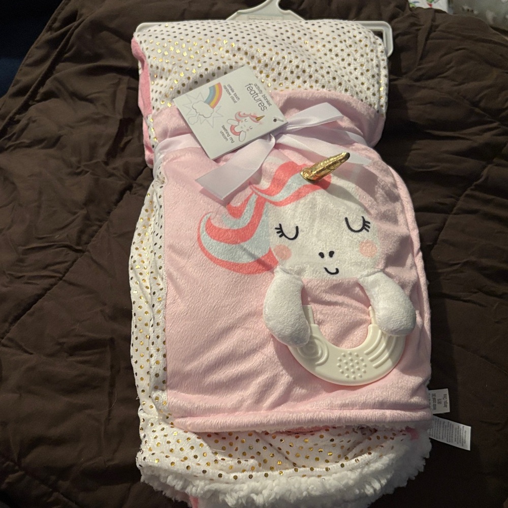 Pink Unicorn Baby Blanket with Rattle